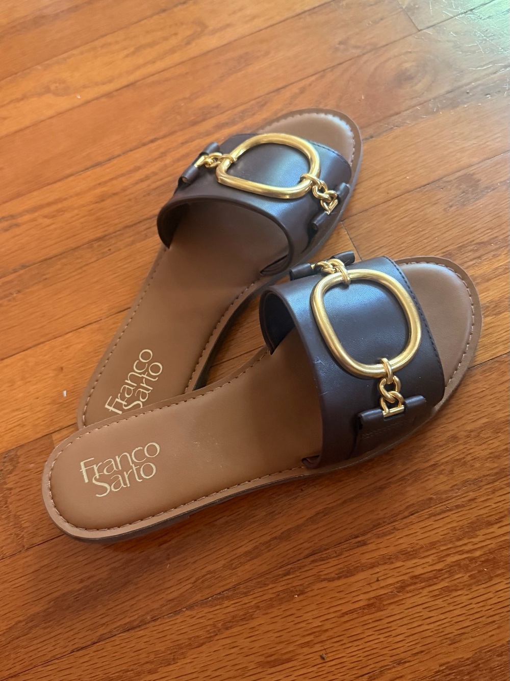 Franco Sarto Dark Brown Slide Sandals with Gold Accent Ring